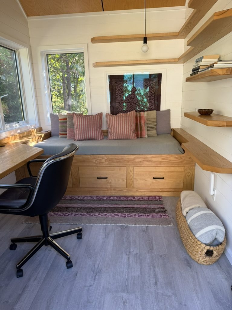 Inside the Wreck Study: daybed, desk and floating shelves