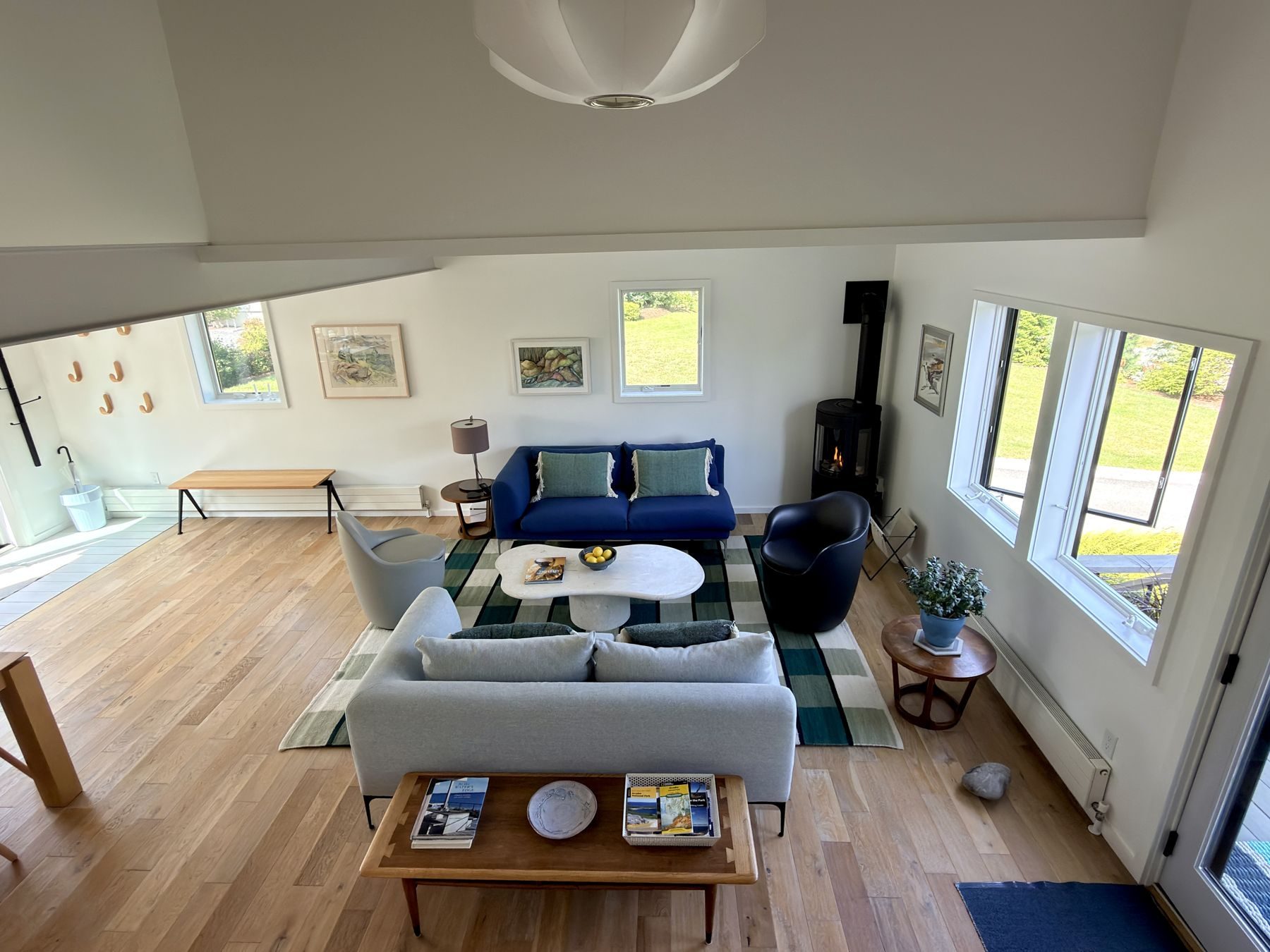 Schoolhouse living area and wood stove