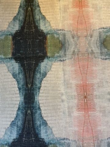 Hand-dyed textile in indigo, moss and coral