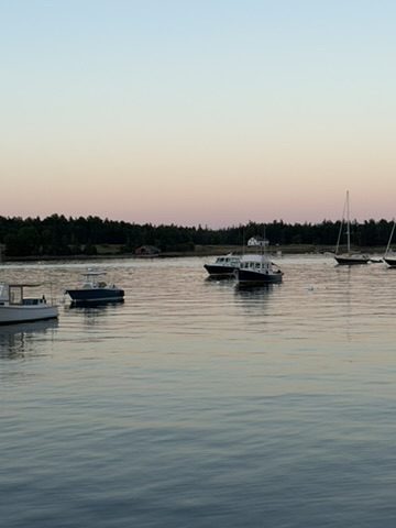 Southwest Harbor at dusk, a block from the houses