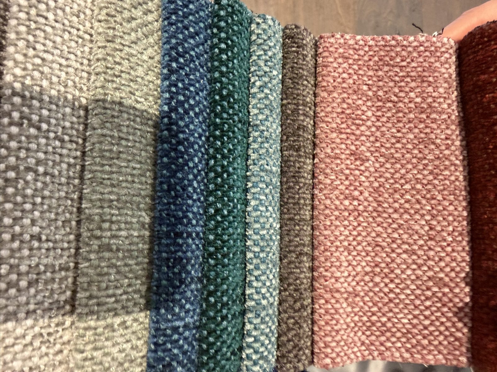 Chenille samples in gray, blue, teal, rose and rust