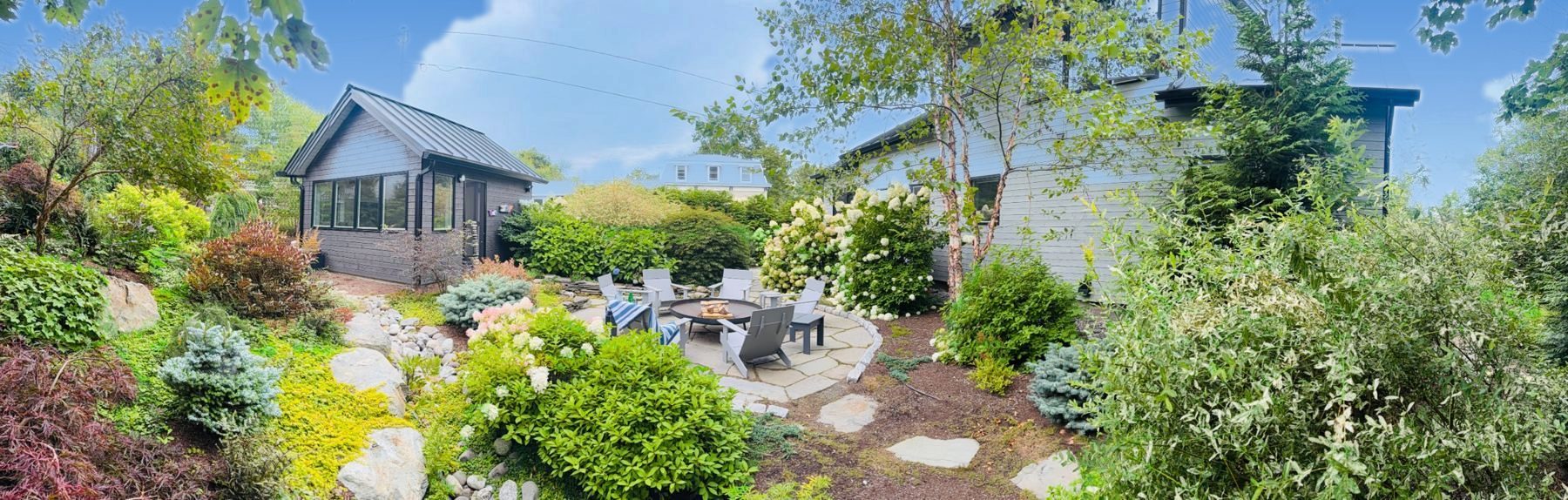 Panorama of the studio, fire pit and gardens